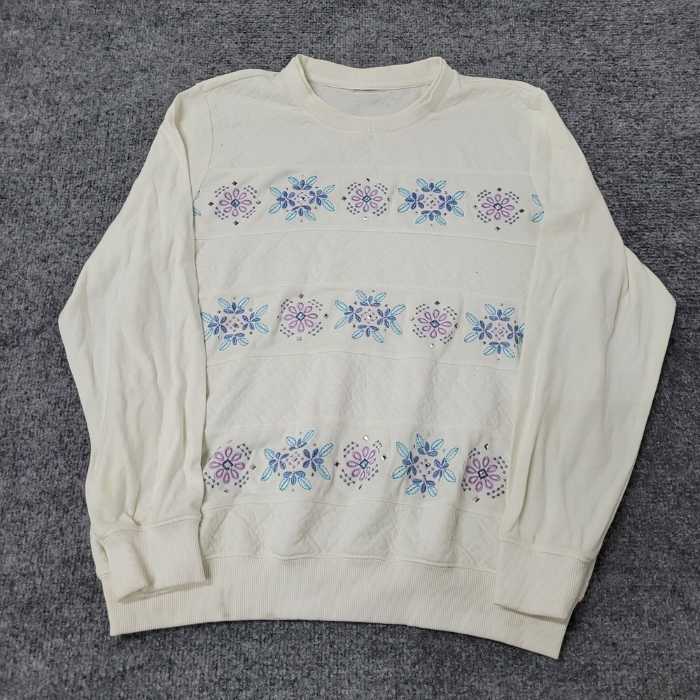 Unbranded Sweatshirt Womens Size L Cream Floral Embroidered Rhinestone Quilted